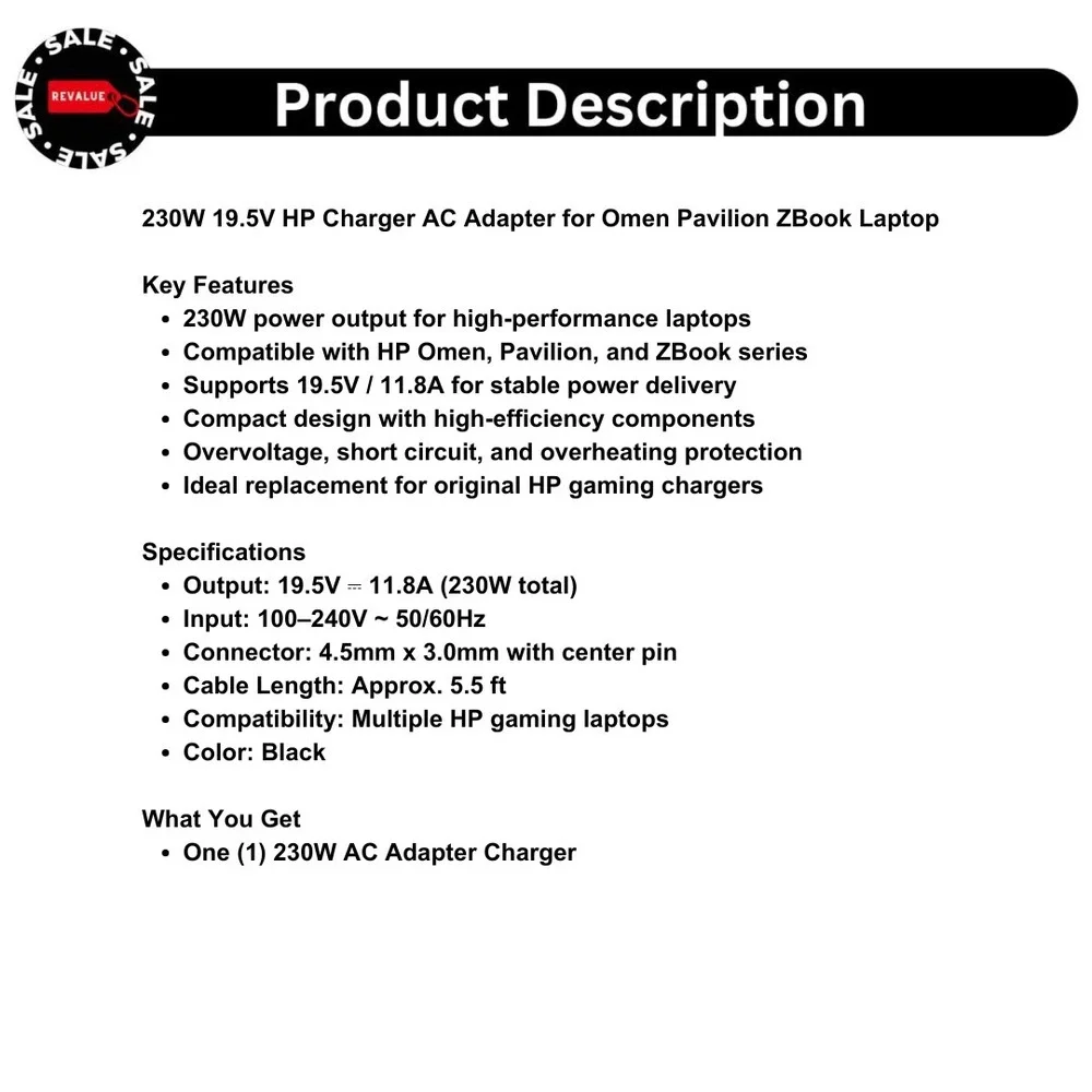 HP 230W 19.5V 11.8A AC Adapter TPN-LA10‎ Charger for Omen ZBook Pavilion